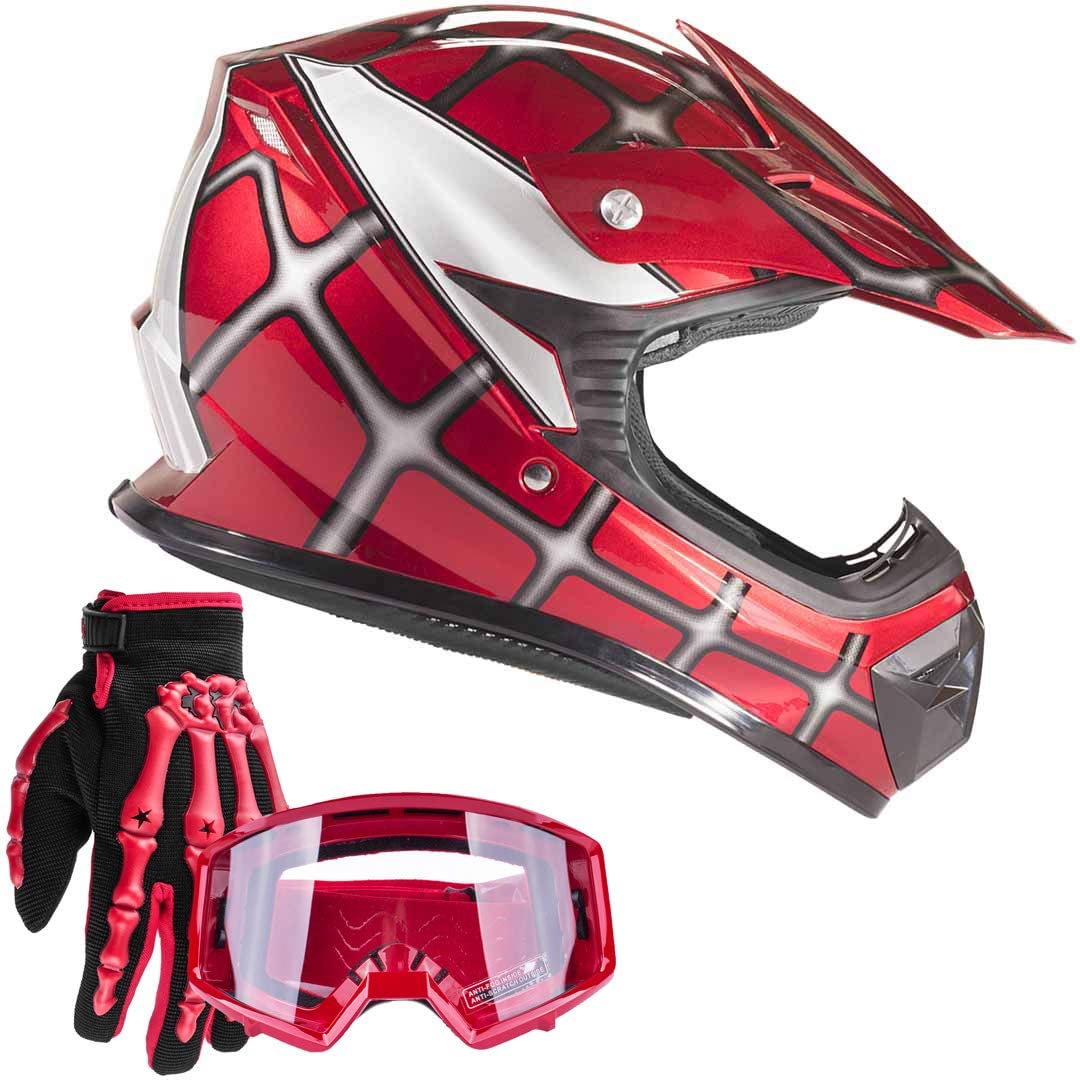 Typhoon Youth Kids Helmet Offroad Gear Combo Gloves Goggles DOT Motocross ATV Dirt Bike MX Spiderman Red, Medium