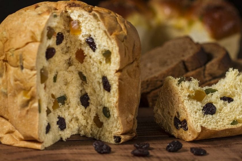 panettone bread with golden and dark raisins